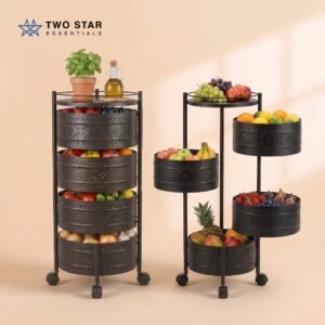 Round Rotating Rolling Storage Trolley – 3 Tier / 4 Tier / 5 Tier Kitchen Fruit & Vegetable Organizer Cart by Two Star Essentials