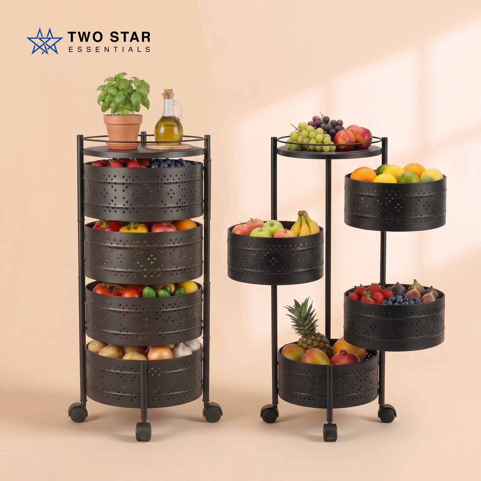 Round Rotating Rolling Storage Trolley – 3 Tier / 4 Tier / 5 Tier Kitchen Fruit & Vegetable Organizer Cart by Two Star Essentials