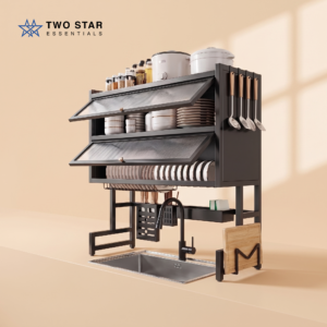 Double Cabin Over Sink Dish Rack – Multi-Layer Kitchen Storage Organizer with Cabinet & Utensil Holder by Two Star Essentials