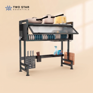 Single Cabin Over Sink Dish Rack – Kitchen Storage Organizer with Cabinet, Knife & Utensil Holder by Two Star Essentials
