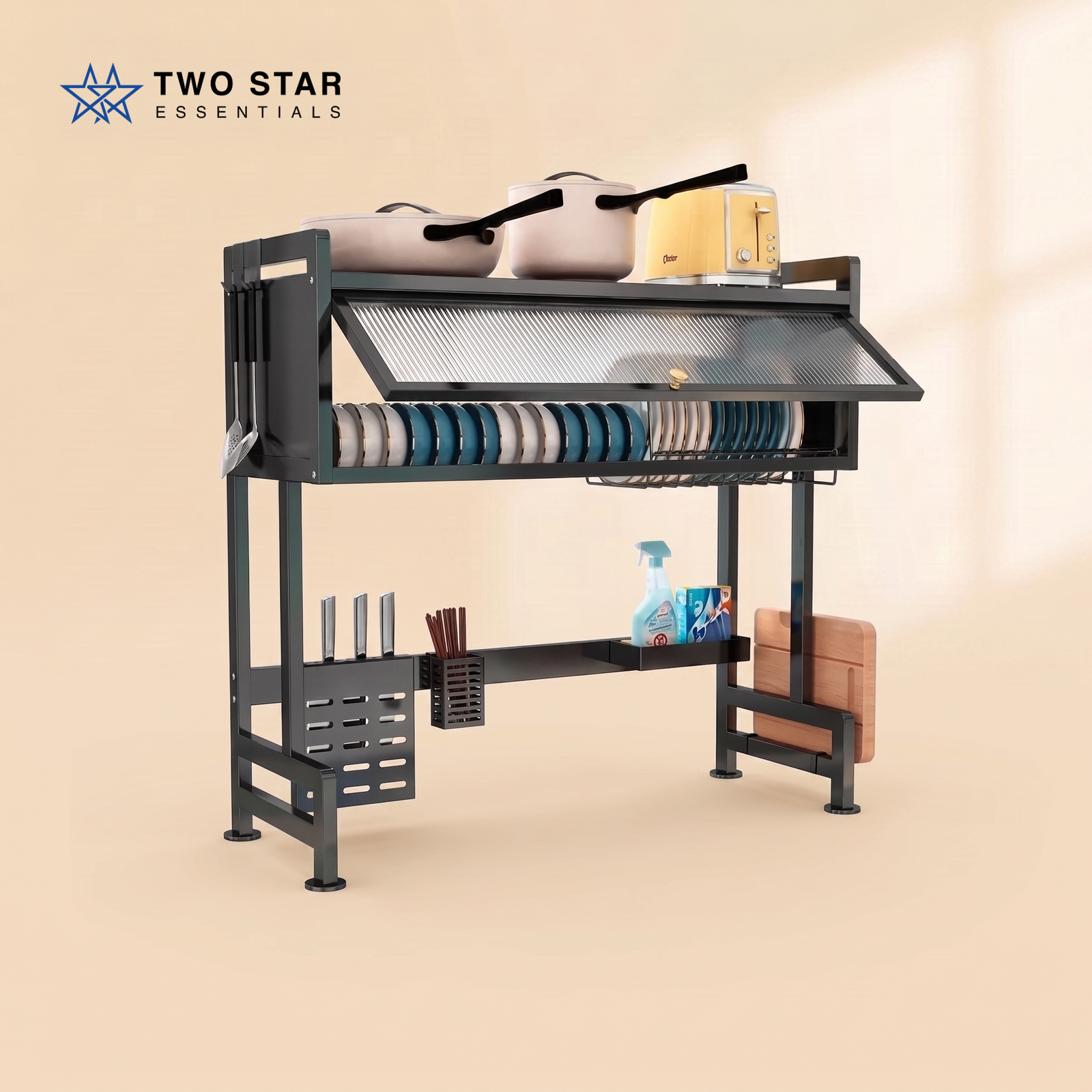 Single Cabin Over Sink Dish Rack – Kitchen Storage Organizer with Cabinet, Knife & Utensil Holder by Two Star Essentials