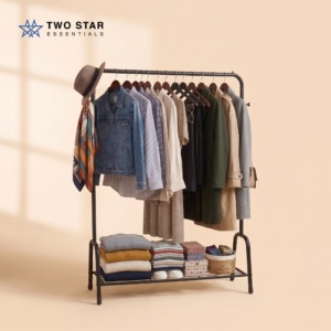 Garment Rack with Shoe Shelf Double Rod Clothes Hanging Stand, Rust-Proof Storage Organizer by Two Star Essentials