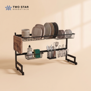 Over Sink Dish Drying Rack – 2-Tier Open Kitchen Storage with Cutlery, Cup & Cutting Board Holder by Two Star Essentials