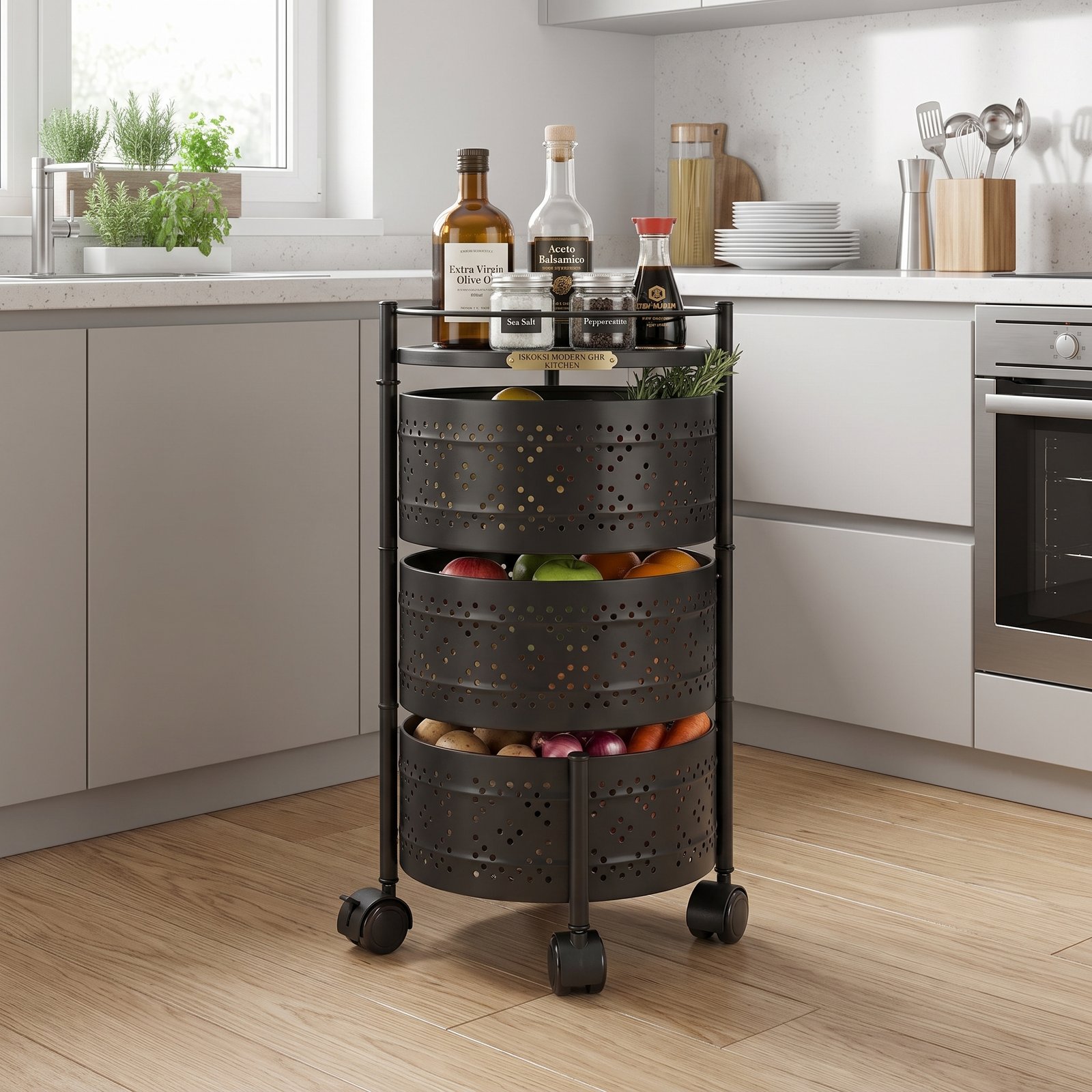 Round Rotating Rolling Storage Trolley – 3 Tier / 4 Tier / 5 Tier Kitchen Fruit & Vegetable Organizer Cart by Two Star Essentials - Image 6