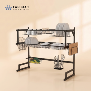 2-Tier Over Sink Dish Drying Rack – Adjustable Kitchen Storage with Cutlery, Plate & Cutting Board Holder by Two Star Essentials