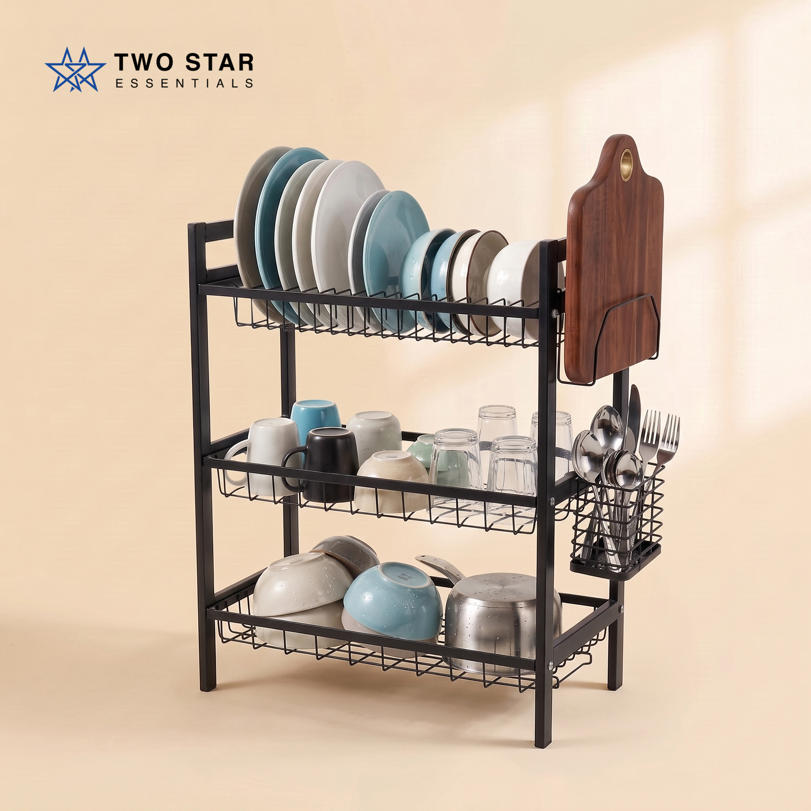 3-Tier Countertop Dish Drying Rack – Kitchen Storage Organizer with Cutlery Holder & Cutting Board Slot by Two Star Essentials
