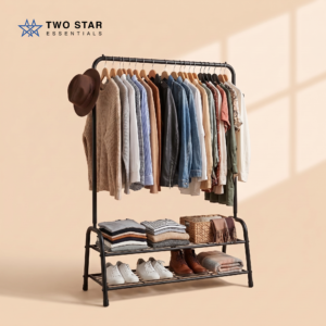 Garment Rack with Double Shoe Shelf – Heavy Duty Clothes Hanging Stand, Rust-Proof Storage Organizer by Two Star Essentials