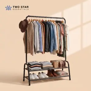 Garment Rack with Double Shoe Shelf – Heavy Duty Clothes Hanging Stand, Rust-Proof Storage Organizer by Two Star Essentials