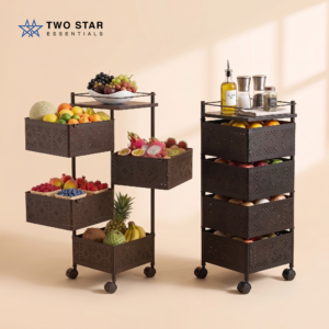 Premium Square Rolling Storage Trolley – 3 Tier / 4 Tier / 5 Tier Kitchen Fruit & Vegetable Organizer Cart by Two Star Essentials