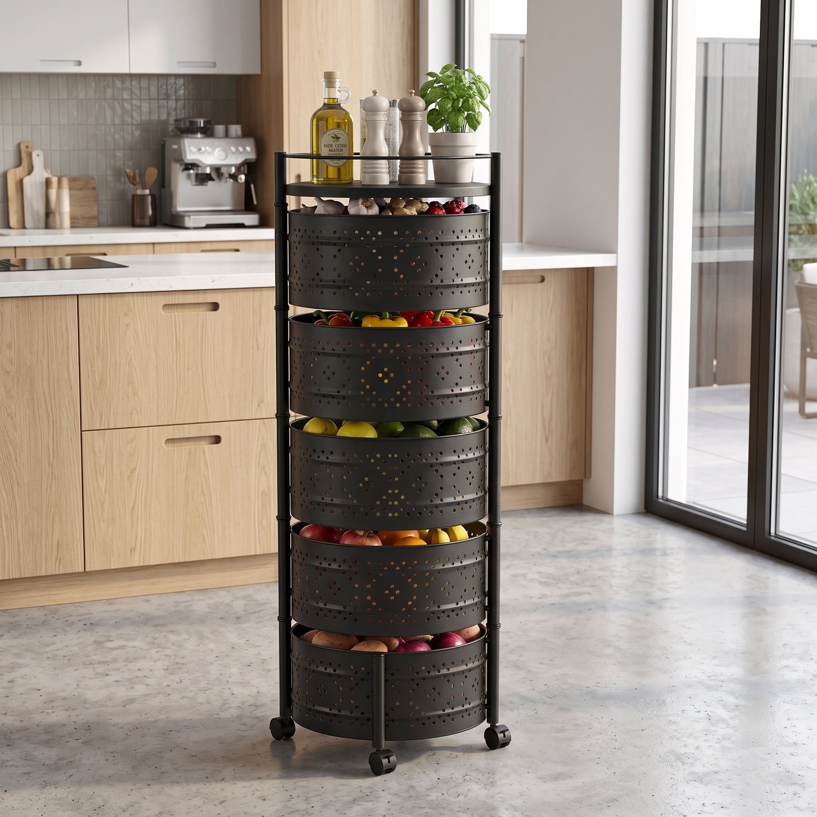 Round Rotating Rolling Storage Trolley – 3 Tier / 4 Tier / 5 Tier Kitchen Fruit & Vegetable Organizer Cart by Two Star Essentials - Image 2