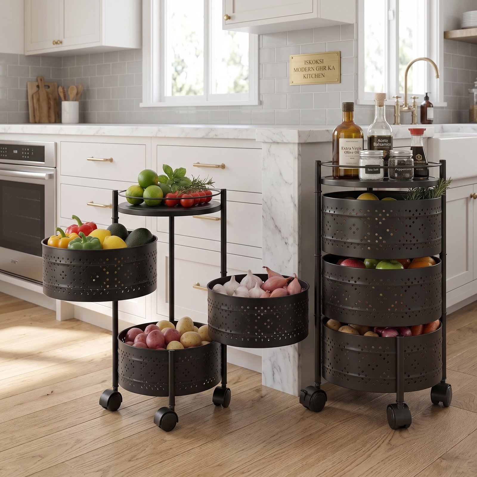 Round Rotating Rolling Storage Trolley – 3 Tier / 4 Tier / 5 Tier Kitchen Fruit & Vegetable Organizer Cart by Two Star Essentials - Image 7