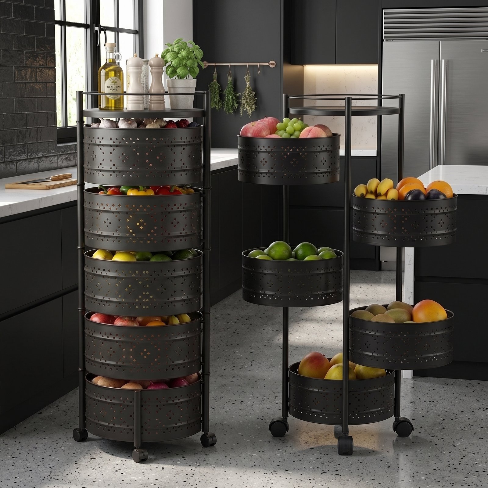 Round Rotating Rolling Storage Trolley – 3 Tier / 4 Tier / 5 Tier Kitchen Fruit & Vegetable Organizer Cart by Two Star Essentials - Image 3