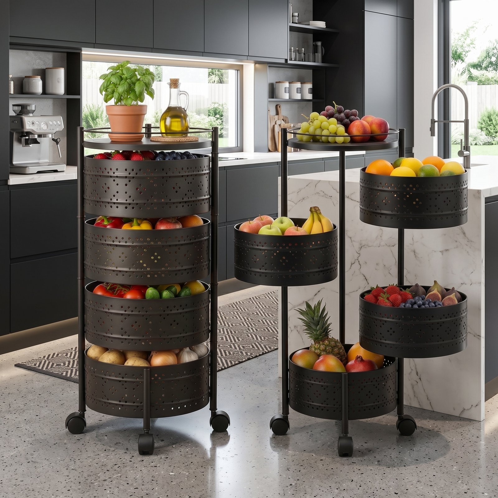 Round Rotating Rolling Storage Trolley – 3 Tier / 4 Tier / 5 Tier Kitchen Fruit & Vegetable Organizer Cart by Two Star Essentials - Image 5