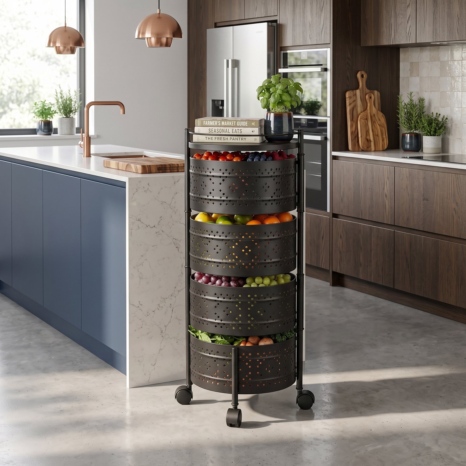 Round Rotating Rolling Storage Trolley – 3 Tier / 4 Tier / 5 Tier Kitchen Fruit & Vegetable Organizer Cart by Two Star Essentials - Image 4