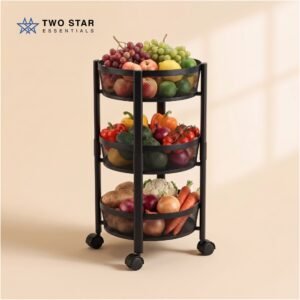 3-Tier Round Fruit & Vegetable Storage Basket – Rust-Free Metal Rolling Cart by Two Star Essentials